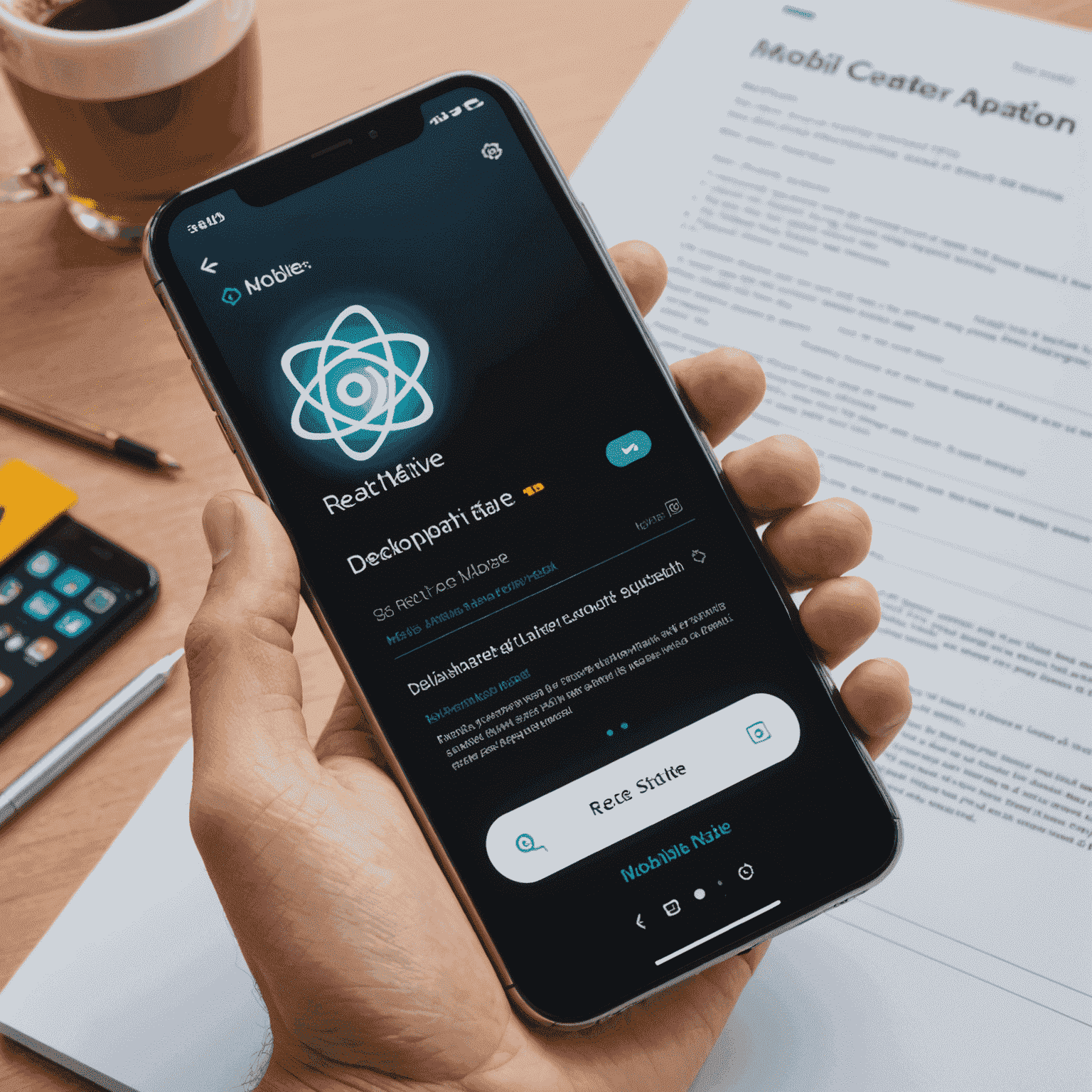 Imagen de una pantalla de teléfono mostrando el proceso de desarrollo de una aplicación móvil con React Native, con código visible y una interfaz de usuario en construcción
