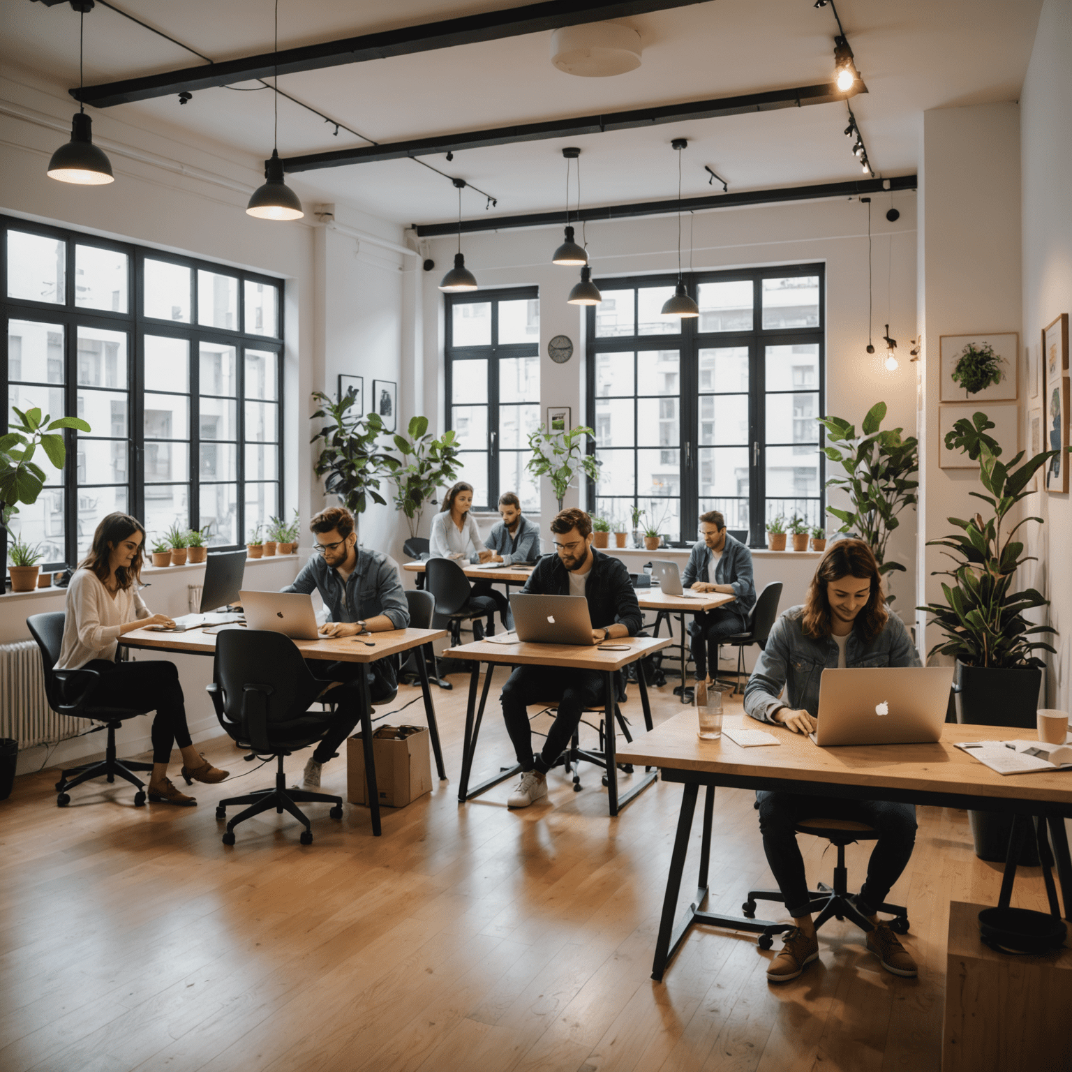 Imagen de un moderno espacio de coworking en Buenos Aires, con jóvenes profesionales trabajando en computadoras en un ambiente luminoso y colaborativo