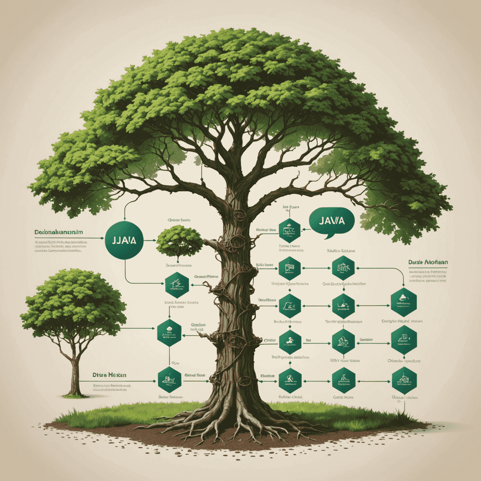 Diagrama visual de diferentes estructuras de datos como árboles, listas enlazadas y pilas, con el logo de Java en una esquina