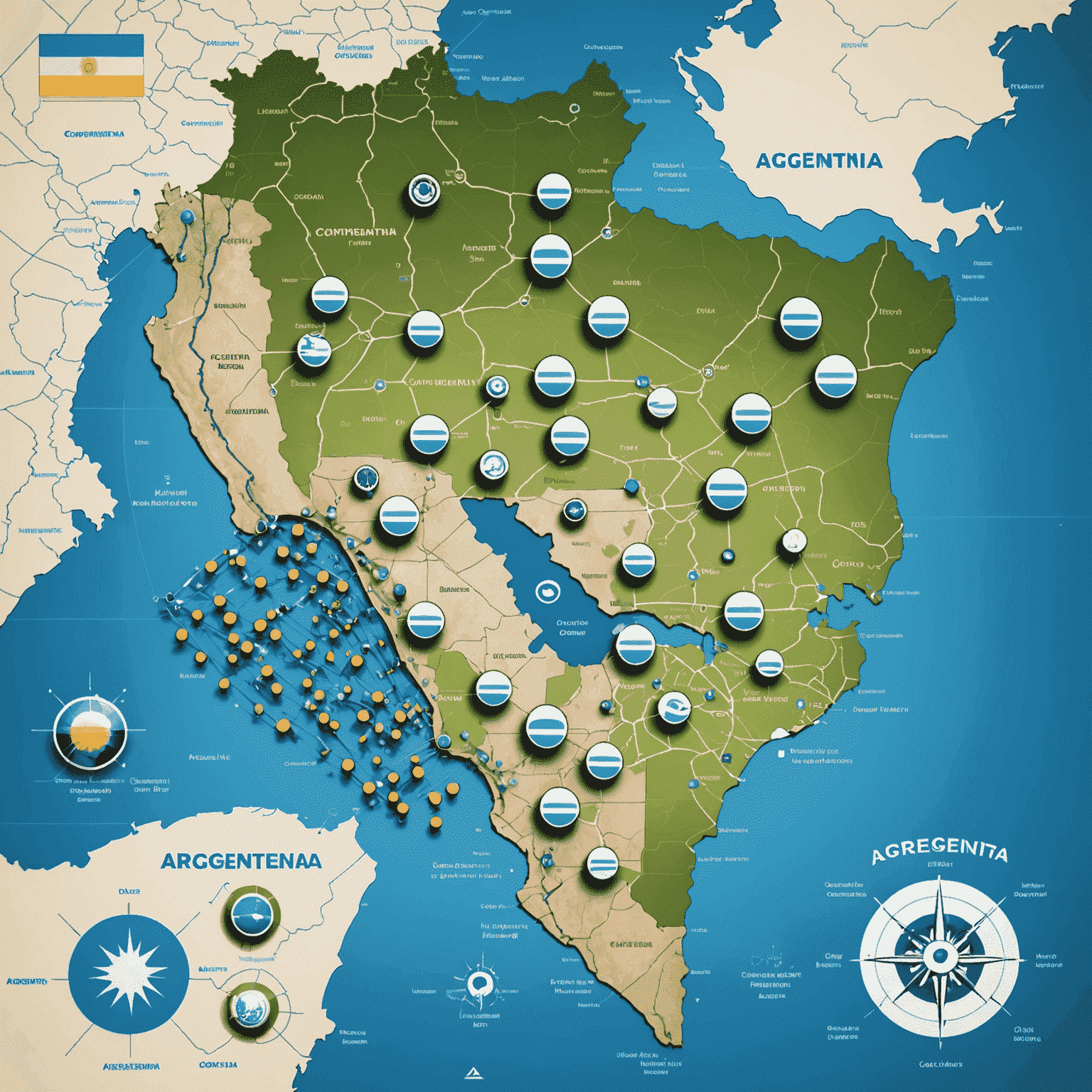 Mapa de Argentina resaltando los principales centros tecnológicos, con iconos de computadoras y códigos superpuestos